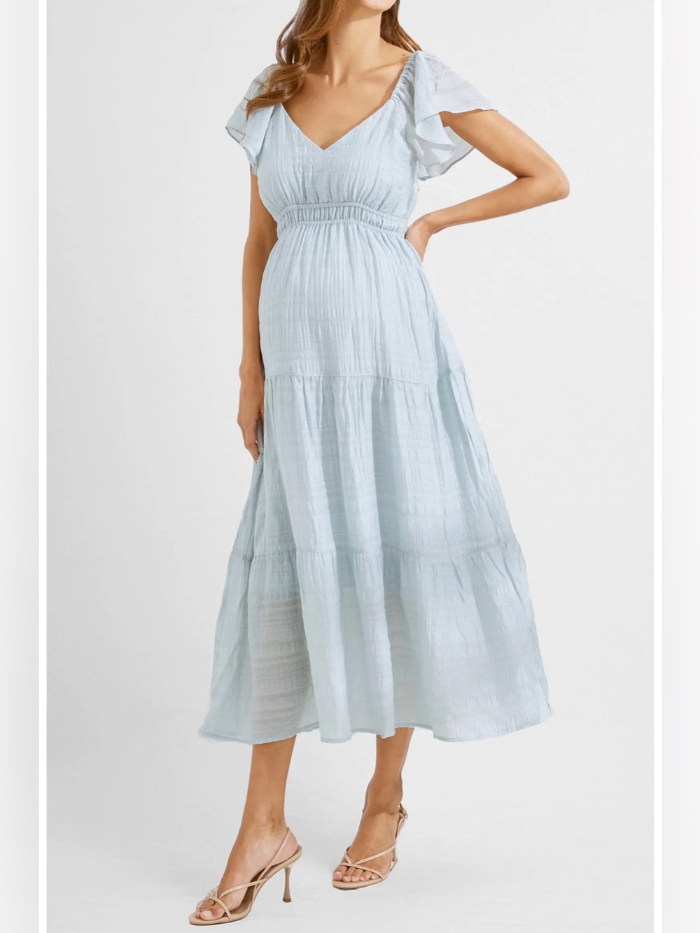 Angel Maternity Baby Shower Ruffle Sleeve Maternity Dress in powder blue XS